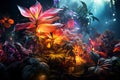 Fantasy fairy tale wallpaper with flame, smoke, forest, blooming flowers and plants, fabulous garden and night background, AI