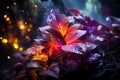 Fantasy fairy tale wallpaper with flame, smoke, forest, blooming flowers and plants, fabulous garden and night background, AI