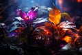 Fantasy fairy tale wallpaper with flame, smoke, forest, blooming flowers and plants, fabulous garden and night background, AI