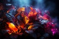 Fantasy fairy tale wallpaper with flame, smoke, forest, blooming flowers and plants, fabulous garden and night background, AI