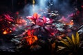 Fantasy fairy tale wallpaper with flame, smoke, forest, blooming flowers and plants, fabulous garden and night background, AI Royalty Free Stock Photo