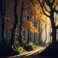 Fantasy Fairytale Autumn Forest, Bright Colors, Sunny day, Path Into Woods, Generative AI Royalty Free Stock Photo