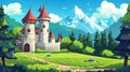 Fantasy fairytale castle cartoon background landscape set. Princess tower chateau building in forest near mountain for