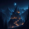Fantasy Fairytale Castle Fortress Into Dark Forest Mountain, Night With Warm Lights Generative Ai Royalty Free Stock Photo