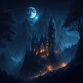 Fantasy Fairytale Castle Fortress Into Dark Forest Mountain, Night With Warm Lights Generative Ai Royalty Free Stock Photo