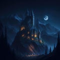 Fantasy Fairytale Castle Fortress Into Dark Forest Mountain, Night With Warm Lights Generative Ai Royalty Free Stock Photo