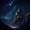 Fantasy Fairytale Castle Fortress Into Dark Forest Mountain, Night With Warm Lights Generative Ai Royalty Free Stock Photo