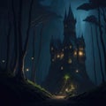 Fantasy Fairytale Castle Fortress Into Dark Forest, Night With Warm Lights Generative Ai Royalty Free Stock Photo
