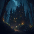 Fantasy Fairytale Castle Fortress Into Dark Forest, Night With Warm Lights Generative Ai Royalty Free Stock Photo