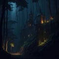 Fantasy Fairytale Castle Fortress Into Dark Forest, Night With Warm Lights Generative Ai Royalty Free Stock Photo