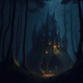 Fantasy Fairytale Castle Fortress Into Dark Forest, Night With Warm Lights Generative Ai Royalty Free Stock Photo