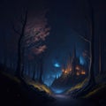 Fantasy Fairytale Castle Fortress Into Dark Forest, Night With Warm Lights Generative Ai Royalty Free Stock Photo