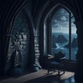 Fantasy Fairytale Castle Fortress Medieval Interior Throne Room, Dark with Large Window View, Generative Ai