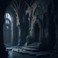 Fantasy Fairytale Castle Fortress Medieval Interior Throne Room, Dark with Warm Fire Torch on Wall, Generative Ai