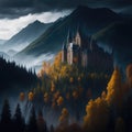 Fantasy Fairytale Castle Fortress In Mountain, Clouds and Mist, Autumn Colors Forest, Generative Ai