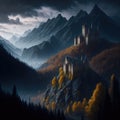 Fantasy Fairytale Castle Fortress In Mountain, Clouds and Mist, Autumn Colors Forest, Generative Ai Royalty Free Stock Photo