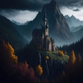 Fantasy Fairytale Castle Fortress In Mountain, Clouds and Mist, Autumn Colors Forest, Generative Ai Royalty Free Stock Photo