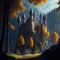 Fantasy Fairytale Castle Fortress In Mountain, Clouds and Mist, Autumn Colors Forest, Generative Ai Royalty Free Stock Photo