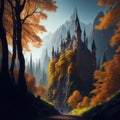 Fantasy Fairytale Castle Fortress In Mountain, Clouds and Mist, Autumn Colors Forest, Generative Ai Royalty Free Stock Photo