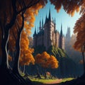 Fantasy Fairytale Castle Fortress In Mountain, Clouds and Mist, Autumn Colors Forest, Generative Ai Royalty Free Stock Photo