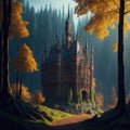 Fantasy Fairytale Castle Fortress In Mountain, Clouds and Mist, Autumn Colors Forest, Generative Ai Royalty Free Stock Photo