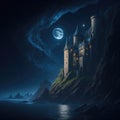 Fantasy Fairytale Castle Fortress On Sea Ocean Cliff, Night With Warm Lights Generative Ai Royalty Free Stock Photo