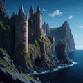 Fantasy Fairytale Castle Fortress On Sea Ocean Cliff, Night With Warm Lights Generative Ai