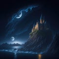 Fantasy Fairytale Castle Fortress On Sea Ocean Cliff, Night With Warm Lights Generative Ai Royalty Free Stock Photo