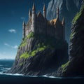 Fantasy Fairytale Castle Fortress On Sea Ocean Cliff, Night With Warm Lights Generative Ai Royalty Free Stock Photo