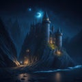 Fantasy Fairytale Castle Fortress On Sea Ocean Cliff, Night With Warm Lights Generative Ai Royalty Free Stock Photo