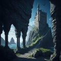 Fantasy Fairytale Castle Fortress On Sea Ocean Cliff, Night With Warm Lights Generative Ai