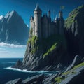 Fantasy Fairytale Castle Fortress On Sea Ocean Cliff, Night With Warm Lights Generative Ai