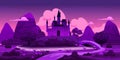 Fantasy fairytale castle night landscape, green hills, trees, spring, mountains, panorama. Vector cartoon background Royalty Free Stock Photo