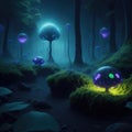 Fantasy Fairytale Dark Forest With Big Glowing Fluorescent Neon Mushrooms Mossy Root Rock Surface Ground Night Scene With Tick Royalty Free Stock Photo