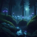 Fantasy Fairytale Dark Forest With Big Glowing Fluorescent Neon Mushrooms Mossy Root Rock Surface Ground Night Scene With Tick Royalty Free Stock Photo