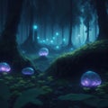 Fantasy Fairytale Dark Forest With Big Glowing Fluorescent Neon Mushrooms Mossy Root Rock Surface Ground Night Scene With Tick Royalty Free Stock Photo