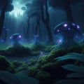 Fantasy Fairytale Dark Forest With Big Glowing Fluorescent Neon Mushrooms Mossy Root Rock Surface Ground Night Scene With Tick