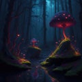Fantasy Fairytale Dark Forest With Big Glowing Fluorescent Neon Red Mushrooms Arch Mossy Root Rock Surface Ground Night Scene With Royalty Free Stock Photo