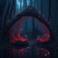 Fantasy Fairytale Dark Forest With Big Glowing Fluorescent Neon Red Mushrooms Arch Mossy Root Rock Surface Ground Night Scene With Royalty Free Stock Photo