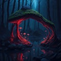 Fantasy Fairytale Dark Forest With Big Glowing Fluorescent Neon Red Mushrooms Arch Mossy Root Rock Surface Ground Night Scene With Royalty Free Stock Photo