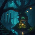 Fantasy Fairytale Dark Forest With Big Glowing Fluorescent Neon Trees Steampunk Lights Mossy Root Rock Surface Ground Night Scene Royalty Free Stock Photo