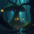 Fantasy Fairytale Dark Forest With Big Glowing Fluorescent Neon Trees Steampunk Lights Mossy Root Rock Surface Ground Night Scene Royalty Free Stock Photo