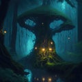 Fantasy Fairytale Dark Forest With Big Glowing Fluorescent Neon Trees Steampunk Lights Mossy Root Rock Surface Ground Night Scene Royalty Free Stock Photo