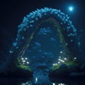 Fantasy Fairytale Dark Forest With Big Glowing Fluorescent Neon White Flowers Arch Mossy Root Rock Surface Ground Night Scene With Royalty Free Stock Photo