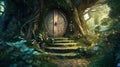 Fantasy fairytale forest with magic doors. Generative AI