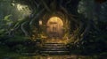 Fantasy fairytale forest with magic doors. Generative AI