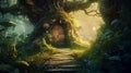 Fantasy fairytale forest with magic doors. Generative AI