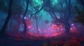 Fantasy and fairytale magical forest with purple and cyan light lighting pathway