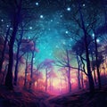 Fantasy and fairytale magical forest with purple and cyan light lighting pathway. Digital painting landscape. Royalty Free Stock Photo