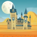 Fantasy fairytale medieval castle in night landscape with big scary moon vector illustration. Cartoon castle for wizards